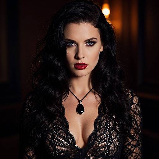 Photograph of a pale-skinned woman with striking blue eyes, long black wavy hair, red lipstick, wearing a black lace dress with a te