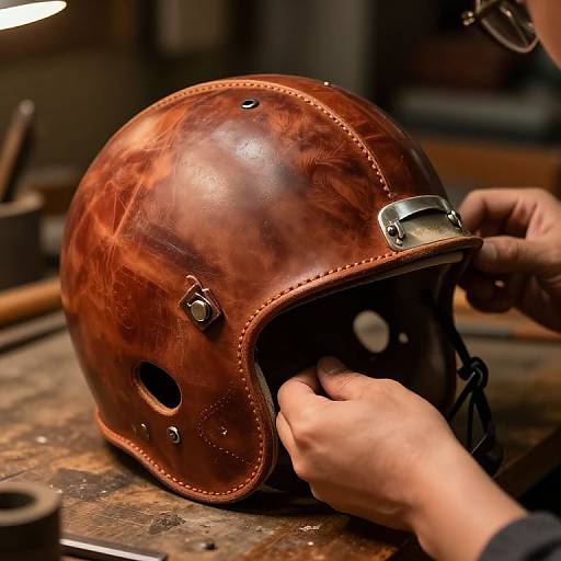 Photograph of a skilled craftsman's hands stitching a rich, brown, leather motorcycle helmet with visible tool marks on a wooden workbench.
