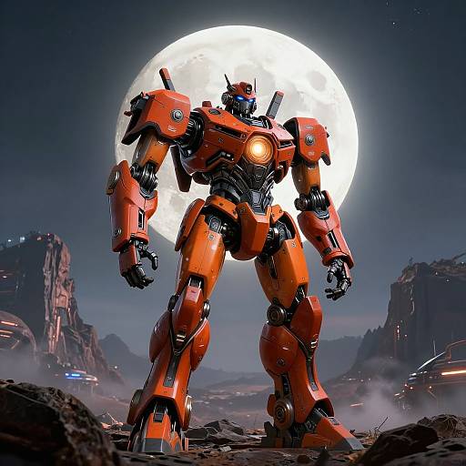 Digital illustration of an orange, humanoid robot standing on rocky terrain under a full moon, surrounded by a dark, mountainous landscape.