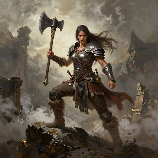 Digital fantasy artwork of a muscular, long-haired warrior with dark armor, holding a double-headed axe, standing amidst a cloudy, ruined landscape with medieval towers