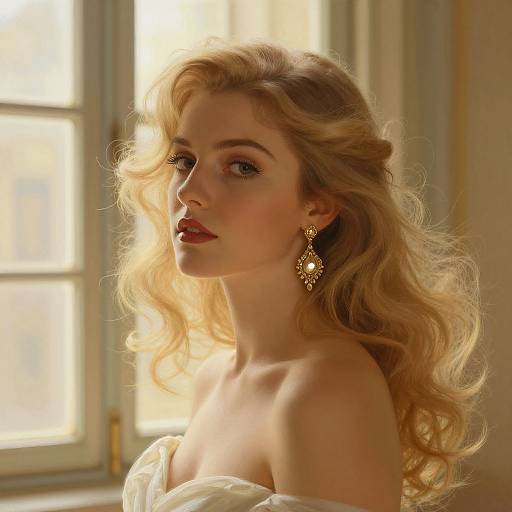 Photograph of a blonde woman with wavy hair, wearing off-shoulder white garment and gold earrings, standing by a sunlit window.