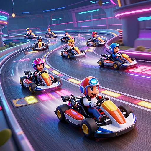 Vibrant digital artwork of cartoon racers in colorful karts speeding on a neon-lit, curved racetrack at night.
