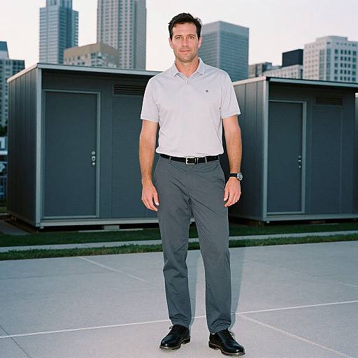 Photograph of a handsome, fair-skinned man with short dark hair, wearing a white polo shirt, black pants, and black shoes, standing in