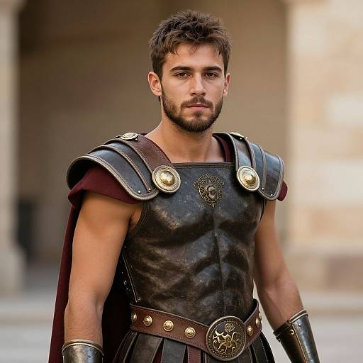 Photograph of a muscular, bearded man with short brown hair, wearing ancient Roman-style black leather armor, gold accents, and a red cape,