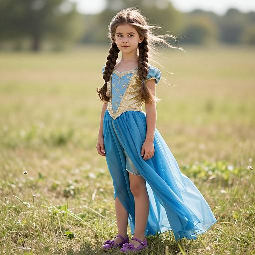 Photograph of a young girl with long braided brown hair, wearing a blue dress with gold accents, purple shoes, standing in a sunlit grass