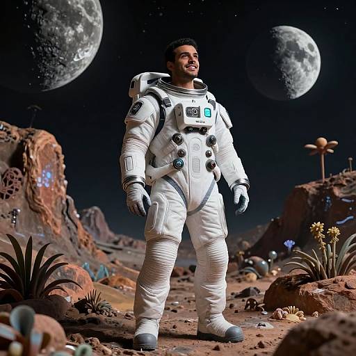 Photorealistic CGI of a smiling, dark-skinned man in a white astronaut suit standing on a rocky, alien planet with two moons, surrounded by