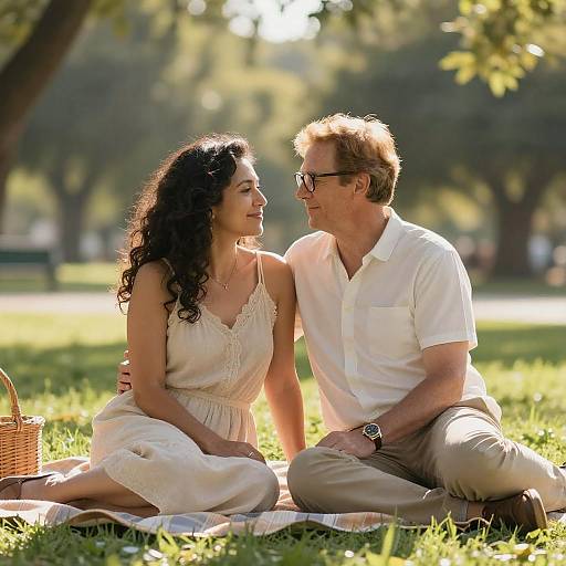 Photograph of a curly-haired woman in a white dress and a man with glasses in a white shirt, sitting closely on a blanket in a sunlit