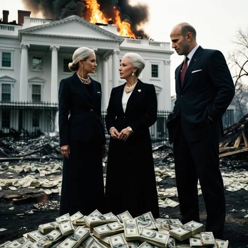 Professionally Dressed Trio Amidst Burning White House with Scattered Cash