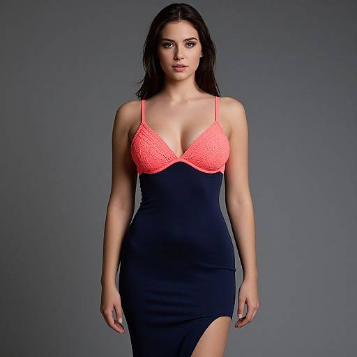 Photograph of a woman with long dark hair, wearing a form-fitting black dress with a bright pink, lace-trimmed V-neckline,