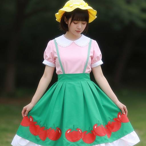 Woman in Tomato-Themed Dress and Flower Hat