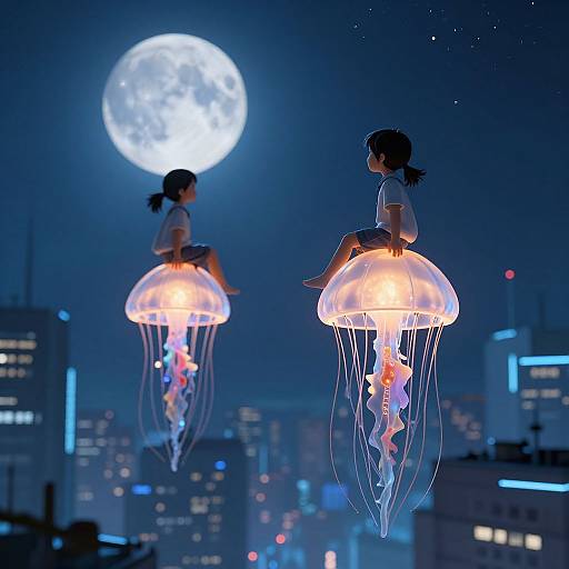 Digital anime-style illustration of two girls floating on glowing jellyfish in a nighttime cityscape with a full moon.