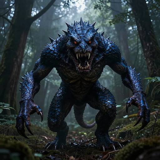 Scary Blue Monster in Dark Forest