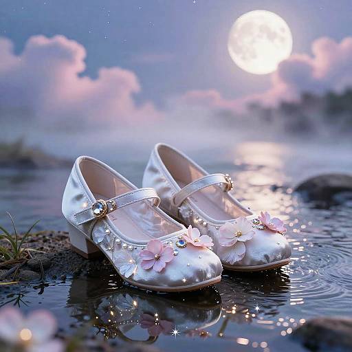 Photograph of elegant, silver satin baby shoes with pink floral decorations, partially submerged in a reflective pond, under a bright moonlit sky.