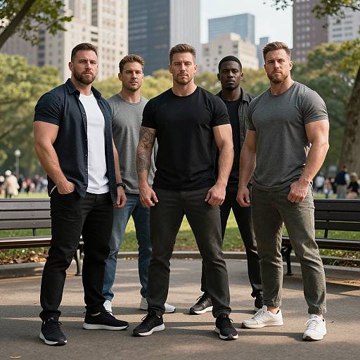 Photograph of five muscular, bearded men standing in a park, wearing casual attire, black and gray t-shirts, jeans, and sneakers. Urban
