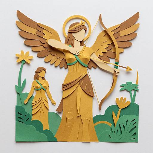 Paper cut-out illustration of an angelic woman with golden wings, yellow dress, and bow, standing amidst green foliage and flowers.