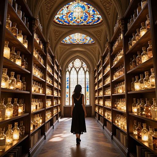 Photograph of a silhouetted woman in a black dress standing in a dimly lit, Gothic-style library aisle with illuminated jars on wooden shelves