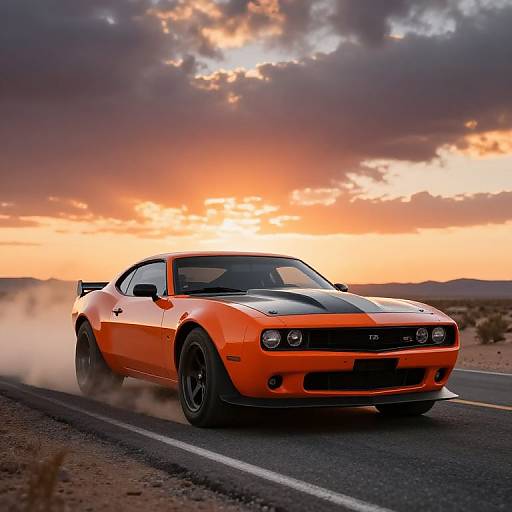 Photograph of a vibrant orange Ford Mustang with black racing stripes, speeding on a desert road at sunset, clouds glowing orange and purple in the sky.