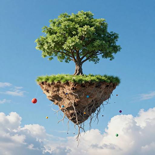 Digital artwork of a floating, grass-covered tree island with roots, vibrant green leaves, and colorful balloons against a bright blue sky.