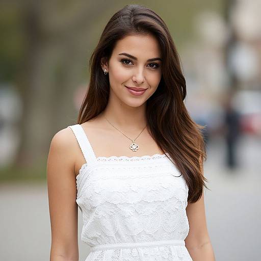 Photograph of a smiling brunette woman with long hair, wearing a white lace sleeveless dress, small silver necklace, standing outdoors. Blurred background with