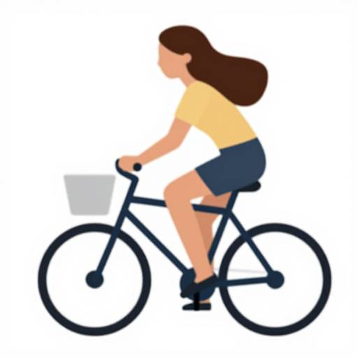 Digital illustration of a woman with long brown hair, wearing a yellow shirt and dark blue shorts, riding a black bicycle with a front basket on a white