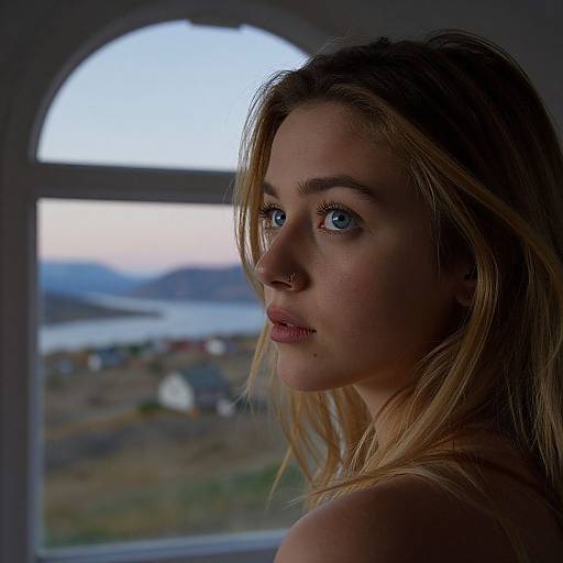 Photograph of a young blonde woman with blue eyes, fair skin, and slight makeup, looking over her shoulder through an arched window, showing a