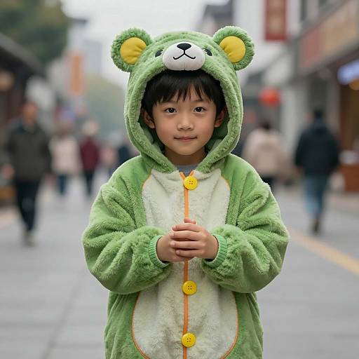 Asian Boy in Green Bear Costume on City Street
