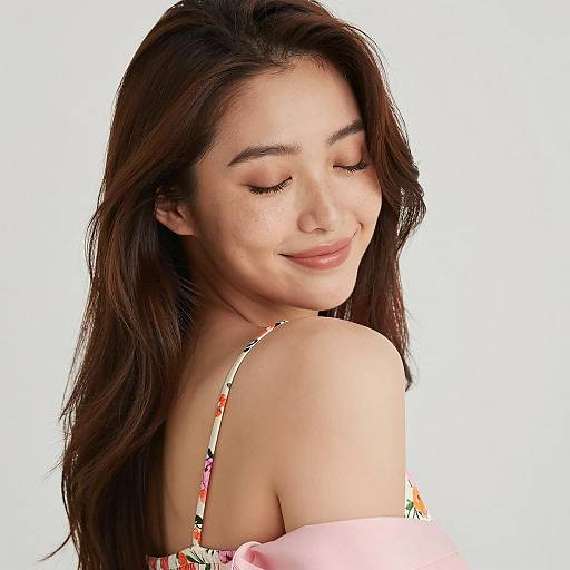 Smiling Asian Woman with Floral Tank Top