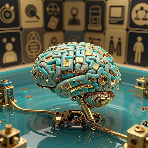 CGI image of a blue, lock-adorned brain floating in a turquoise pool, surrounded by digital icons and symbols, with metallic wires connected.