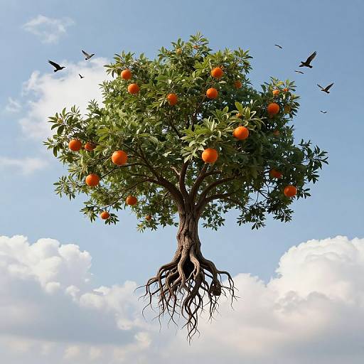 Photorealistic digital image of an orange tree with vibrant green leaves, bright orange fruit, exposed roots, floating in a clear blue sky with scattered clouds