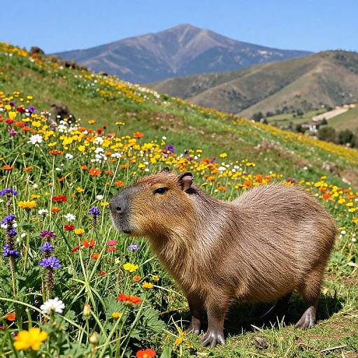 Photograph of a beaver standing in a vibrant meadow of colorful wildflowers, with rolling green hills and a mountain in the background under a clear