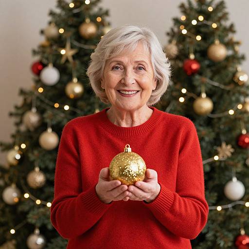 Elderly woman with short white hair, wearing a red sweater, smiles while holding a gold Christmas ornament in front of two decorated Christmas trees. Photograph