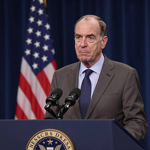 Middle-Aged Man at Podium with Flag