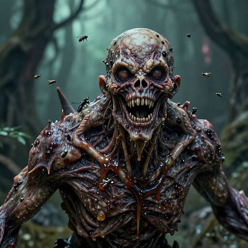 Digital CGI image of a grotesque, decaying zombie with exposed bones, dripping blood, and a terrifying grin in a dark, foggy forest,