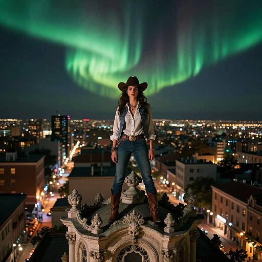 Photograph of a woman in a cowboy hat, white shirt, blue jeans, and boots, standing on a city building rooftop at night, with vibrant