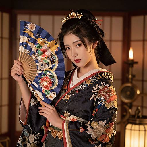 Photograph of an Asian woman in a black floral kimono, holding a decorative blue fan, with a traditional Japanese interior.