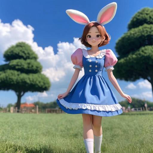 Whimsical Rabbit Girl in Blue Dress