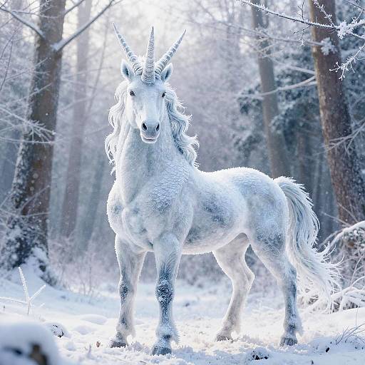Photograph of a white, snow-covered unicorn with long mane and horns standing in a snowy forest, surrounded by tall, frosty trees.