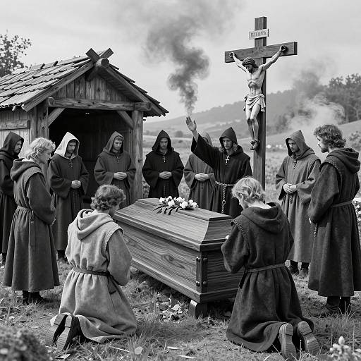 Somber Medieval Funeral Scene Illustration