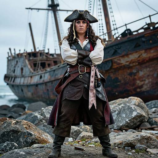 Photograph of a determined female pirate with long brown hair, black tricorn hat, white shirt, brown vest, and coat, standing in front of