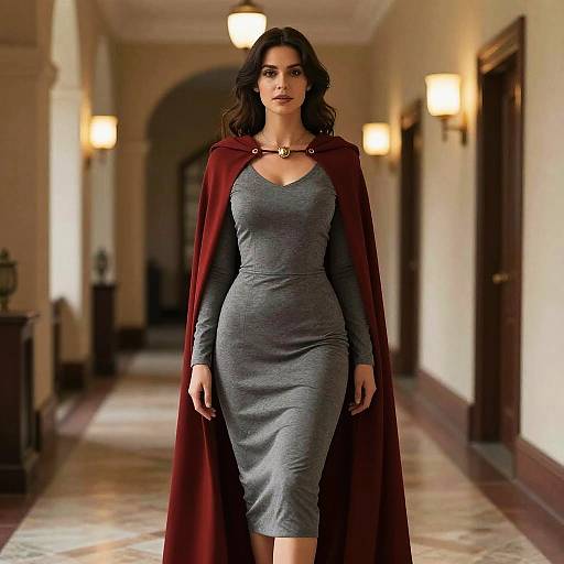 Woman in Gray Dress and Red Cape