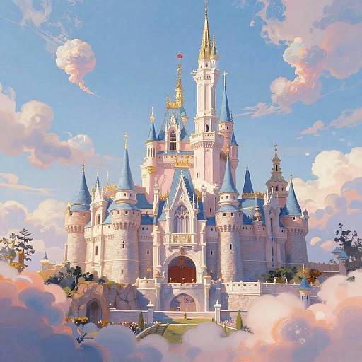 Digital illustration of a grand, fairytale-style castle with blue-tipped spires, golden accents, and a red archway, set against a