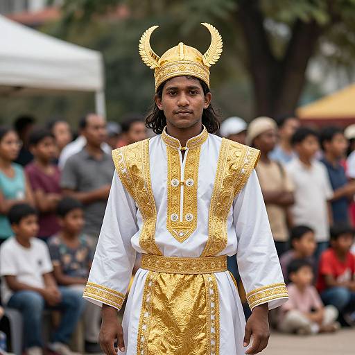 Photograph of a young Indian boy with long black hair, wearing a white and gold ornate traditional costume and headdress, walking confidently in front of