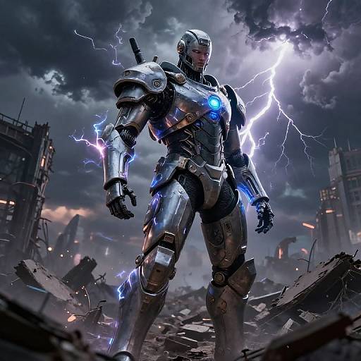 Cybernetic Warrior on Ruined Battlefield
