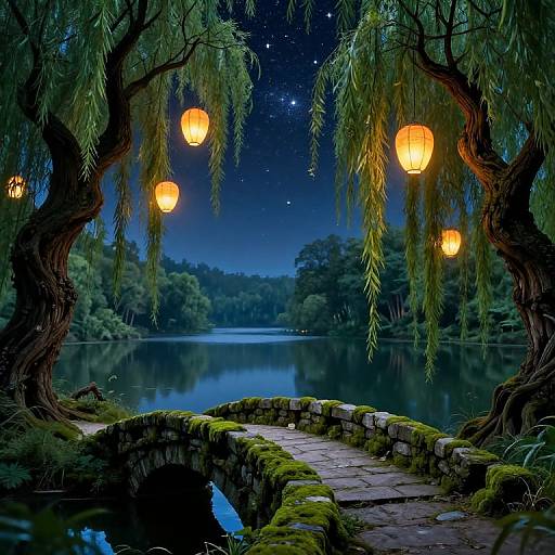 Photograph of a serene, moonlit night scene with glowing lanterns hanging from willow trees, reflecting on a calm lake, over a moss-covered