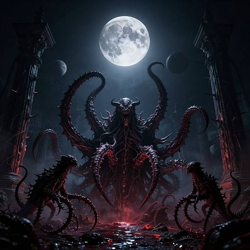 Digital illustration of a monstrous, spider-like creature with multiple tentacles under a bright full moon, surrounded by dark, eerie ruins. Red glow illuminates