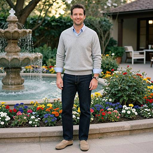 Photograph of a smiling man in a light gray sweater, blue shirt, black pants, and beige shoes, standing in a vibrant garden with a fountain