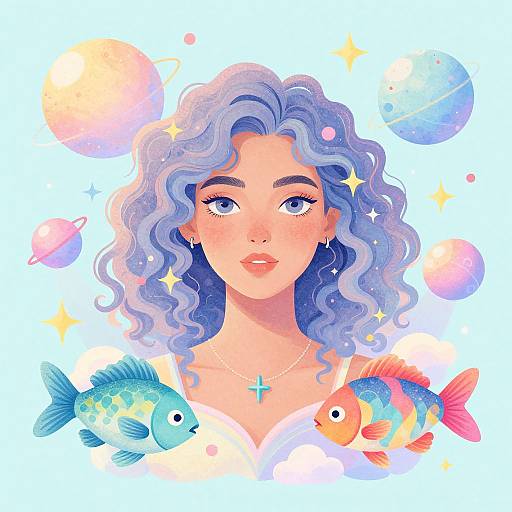 Digital illustration of a blue-haired, fair-skinned woman with starry eyes, wearing a cross necklace, surrounded by colorful fish and planets.