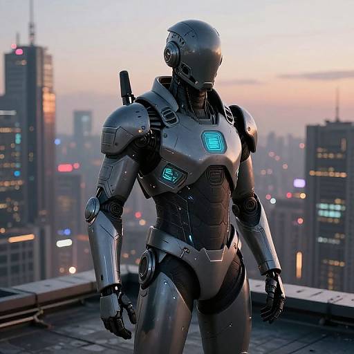 CGI image of a sleek, silver humanoid robot with glowing blue chest and shoulder lights, standing on a rooftop at sunset, with a cityscape of