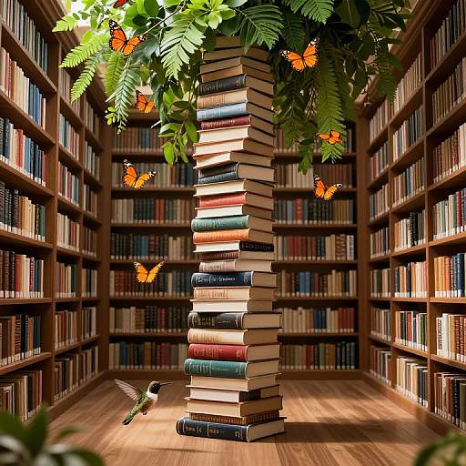 Spiraling Book Tower with Nature