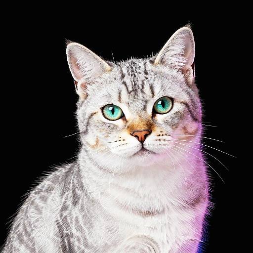 Digital artwork of a white tabby cat with striking blue eyes and a pink nose, set against a solid black background.